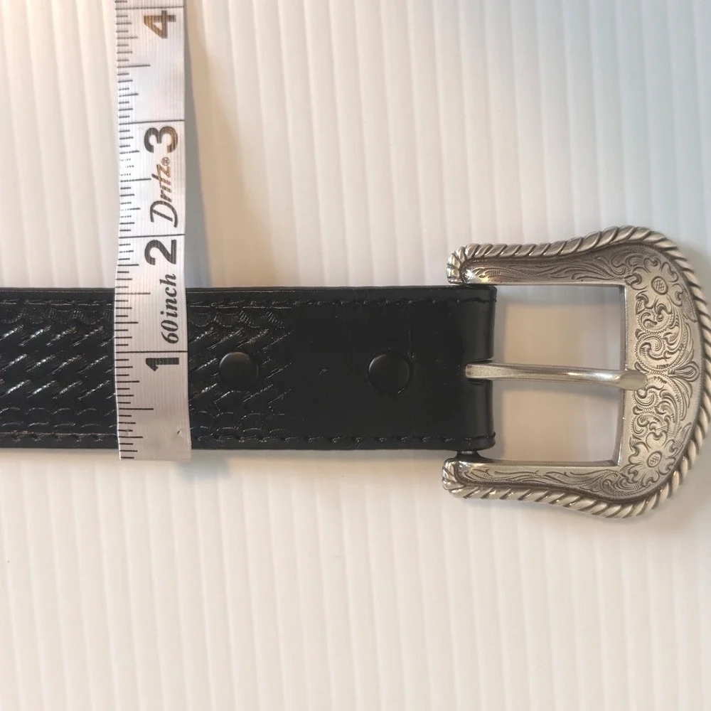 Nocona‎ Mens Black Leather Western Belt Ornate Silver Buckle Size 46